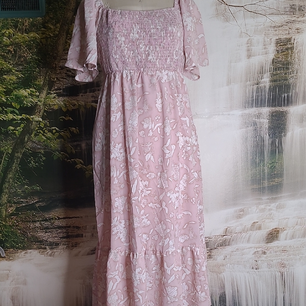 NWT! Kojooin Womens XL Pink White Floral Smock Flutter Short Sleeve Maxi Dress